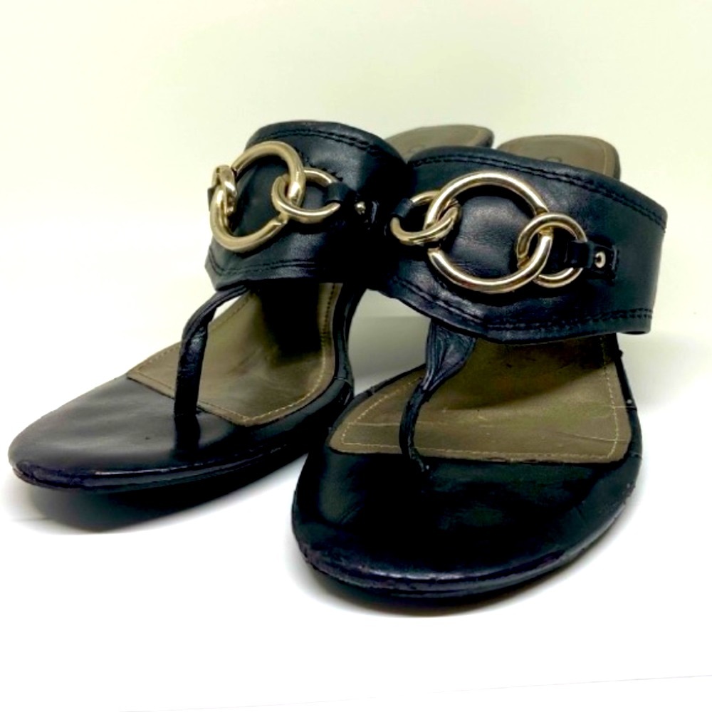 Connie Tristen Black Leather & Wooden Heel Sandals. Size 9.